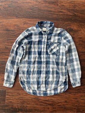 ID:23 Stitch Fix Blue White Plaid Button Down Shirt Small Roll Tab Sleeve